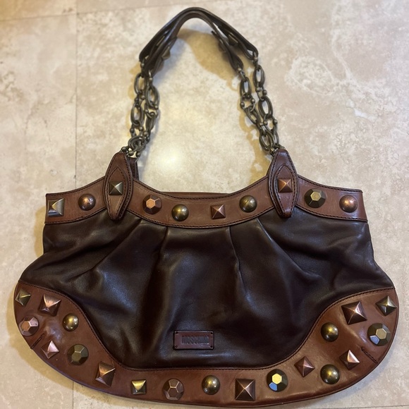 Y2K Moschino Brown Leather Embellished Chain Link Satchel - Picture 5 of 11